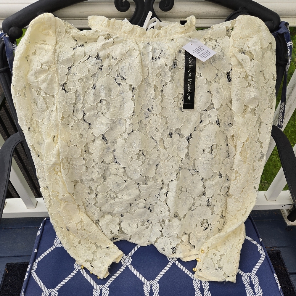 NEW! Catherine Malandrino Ivory Long Sleeve Lace Blouse Sheer Mock Neck Tie L